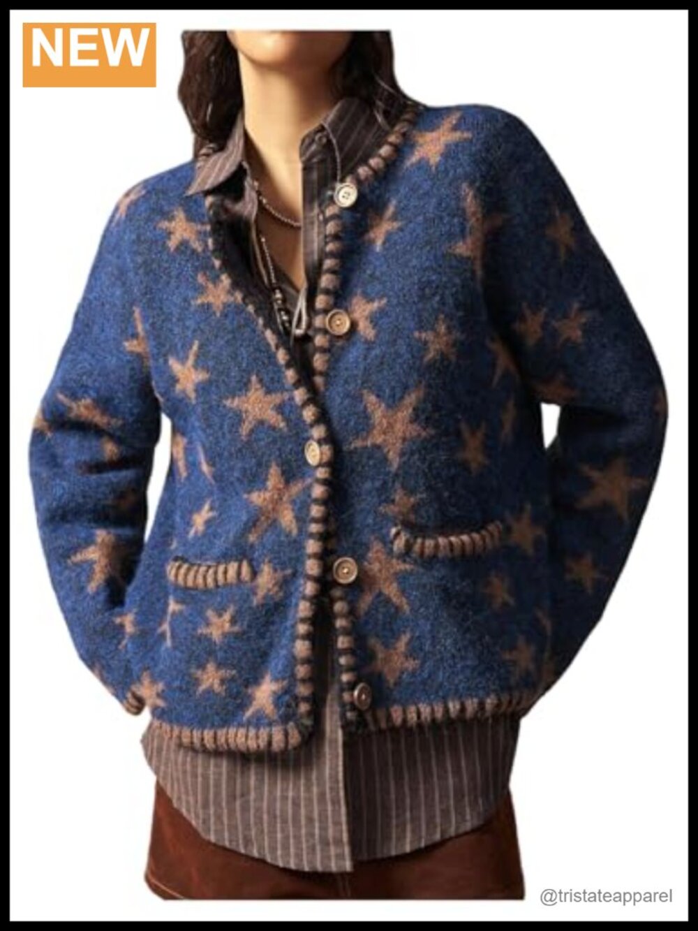 Vintage Star Pattern Women's Chunky Cardigan Sweater Crew Neck Long Sleeve Knit